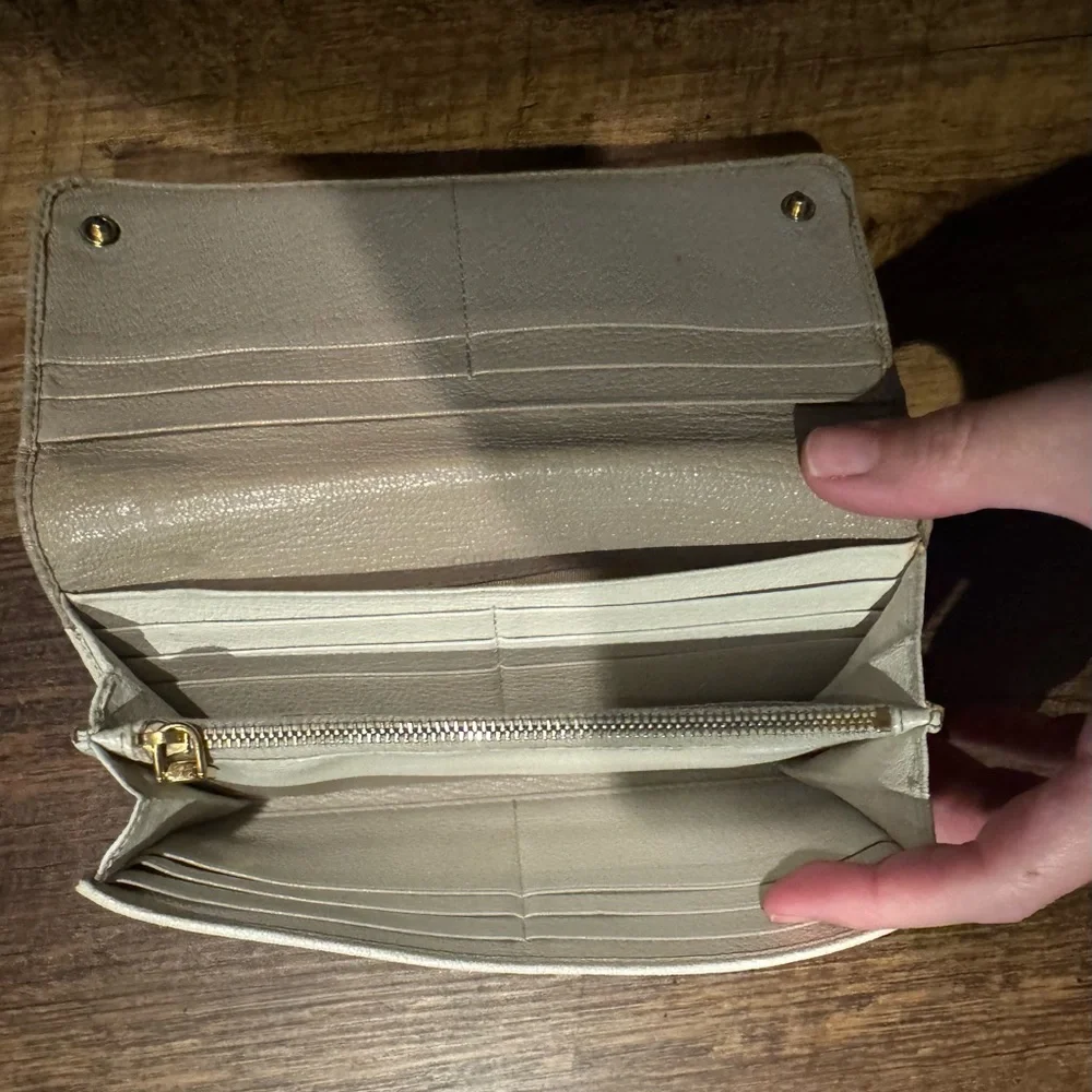 Miu Miu Beige Leather Double Snap Wallet with Bow Detail